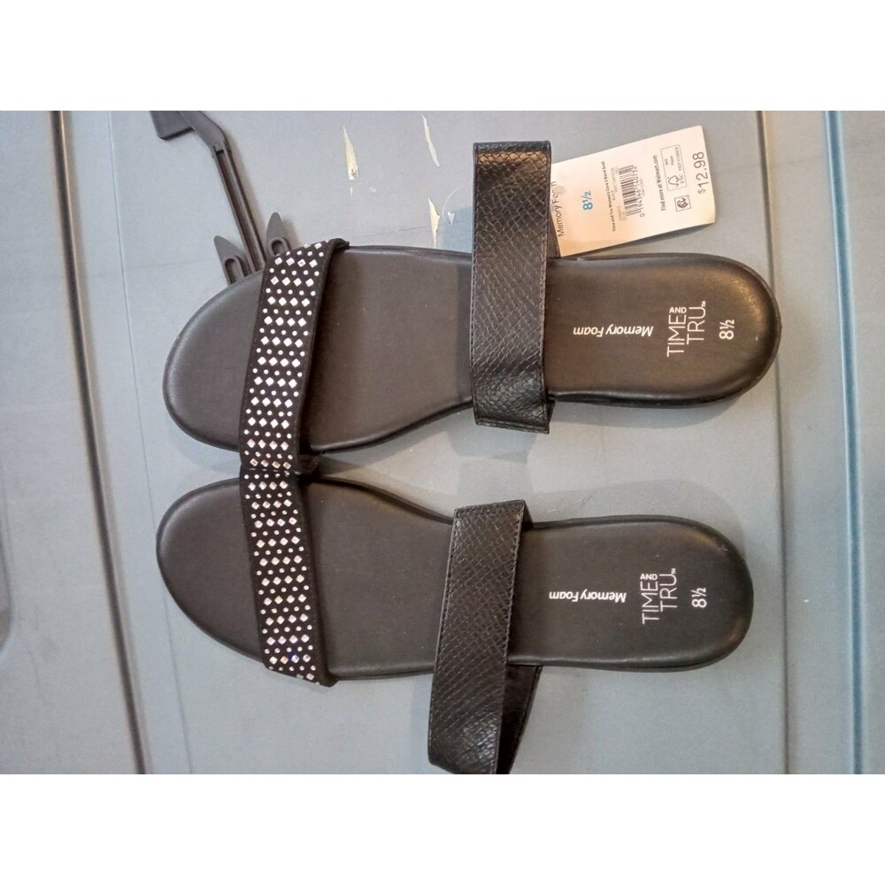 TIME AND TRU MEMORY FOAM Black Rhinestone Flat Heel Slide Sandals Sz 8 1/2